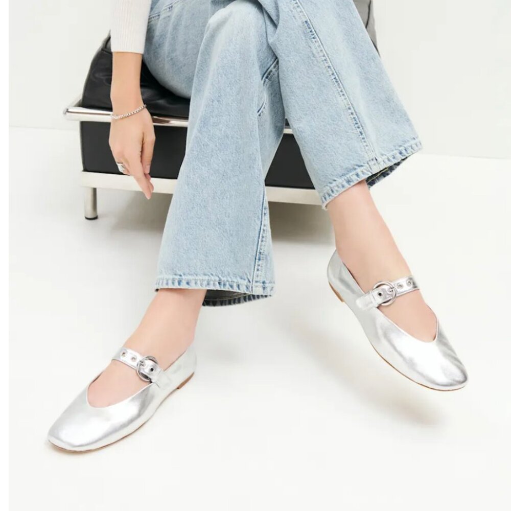 Reformation Silver Bethany Leather Ballet Flats